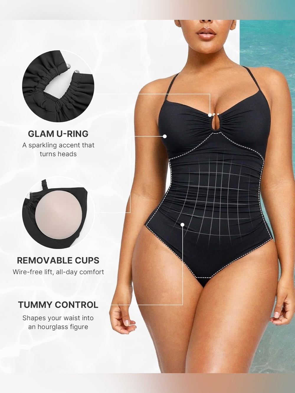 SHAPELLX Womens Swimsuits Tummy Control One Piece U-Ring Shapewear Ruched Waist - Picture 4 of 9